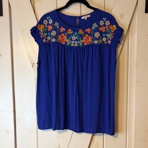 JODIFL Royal Blue Floral Embroidered Blouse